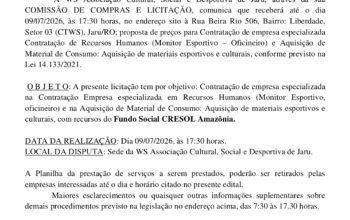 WS Associação de Jaru abre licitação para contratação de empresa e aquisição de materiais esportivos