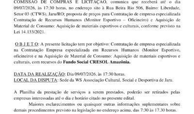WS Associação de Jaru abre licitação para contratação de empresa e aquisição de materiais esportivos