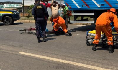 Jaru: Acidente envolvendo bicicleta e caminhão deixa mulher gravemente ferida na Avenida JK